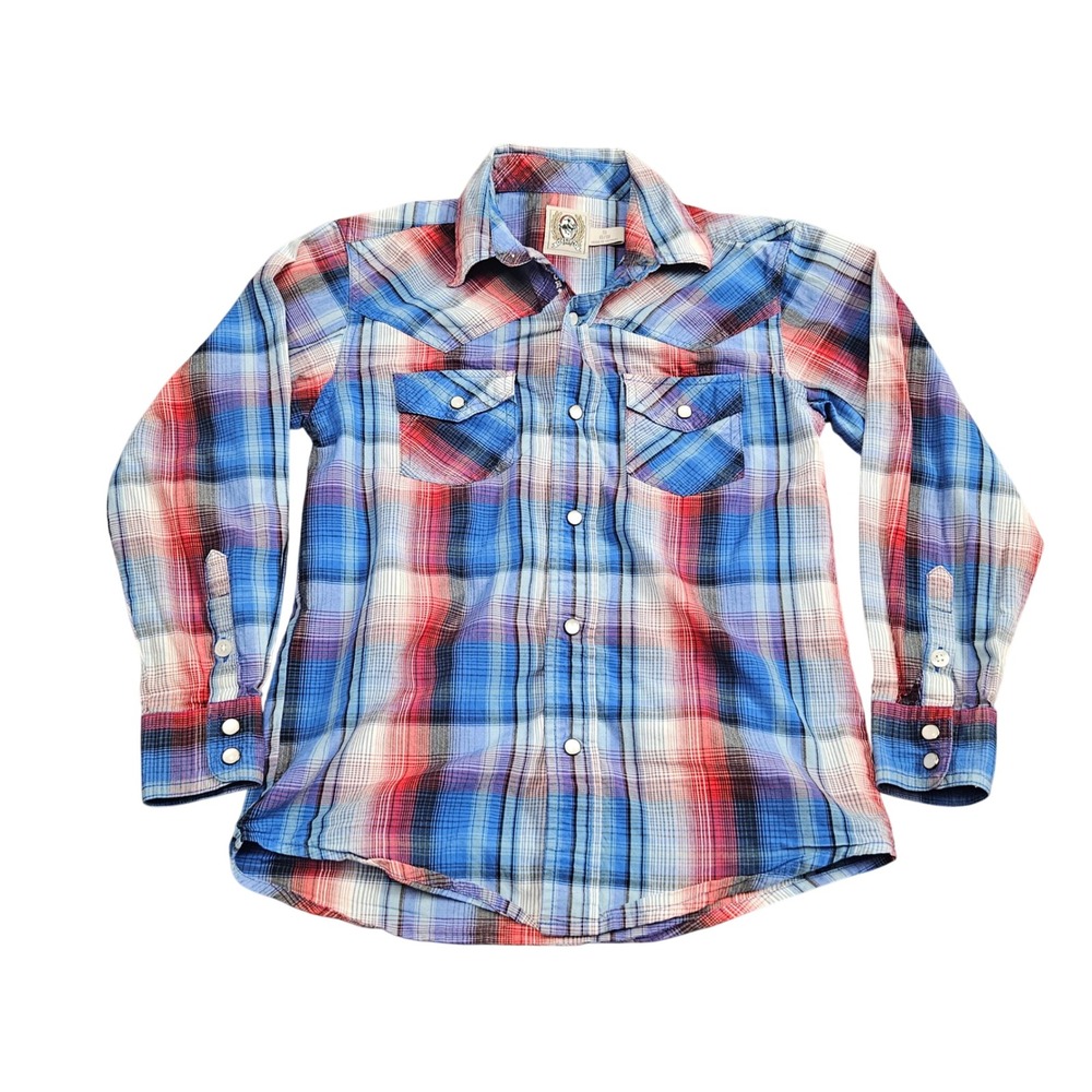 Cinch Western Snap Shirt Youth Small 6/8 Blue Red Plaid Pearl Snap Cowboy Rodeo